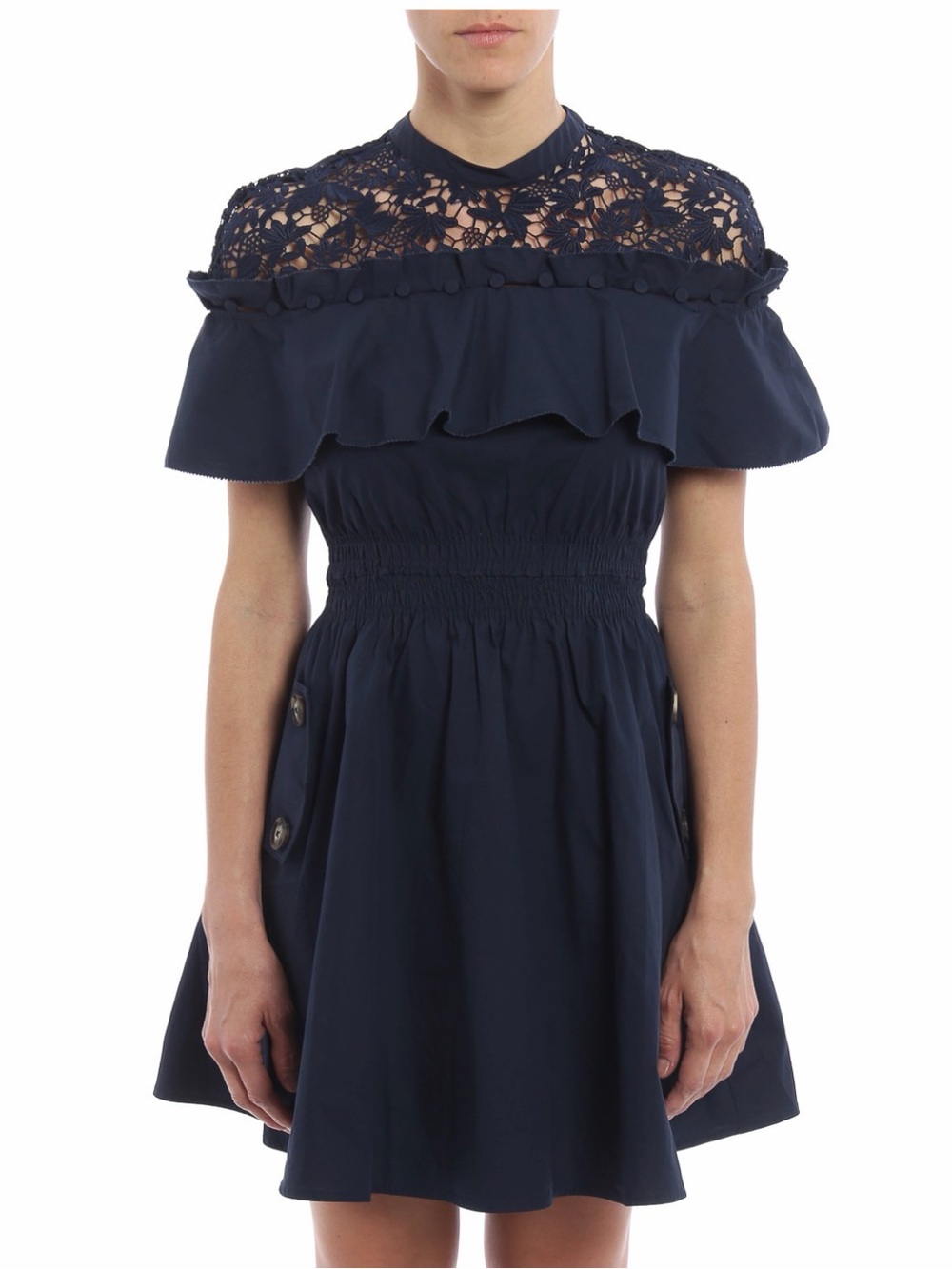 Self-Portrait Hudson Navy Lace Poplin Dress NWT Size US 4 | Cotton Ruffle Midi